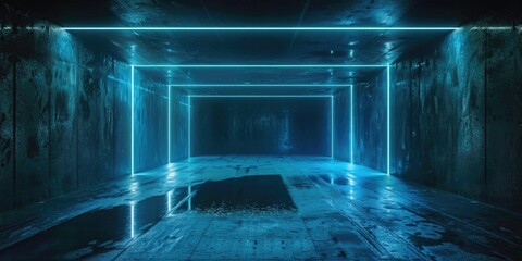 Wall Mural - Large, empty room with blue lights shining down on floor