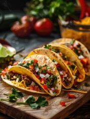 Wall Mural - Four tacos with lots of toppings on wooden board