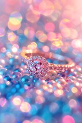 Canvas Print - Ring with diamond is on blue and pink background