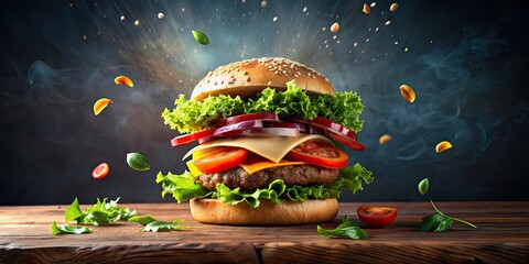 Wall Mural - Fresh and juicy hamburger surrounded by flying ingredients , hamburger, fresh, juicy, flying, ingredients, lettuce, tomato, onion