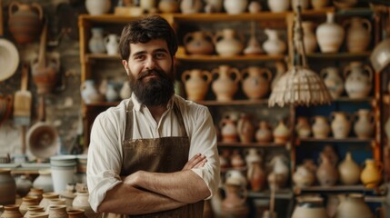 Sticker - Man with beard stands in front of store with many vases