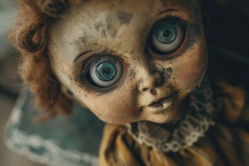 Creepy doll with blue eyes and yellow dress