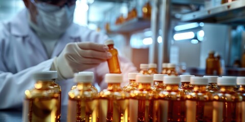 Wall Mural - Scientist is holding bottle of medicine in lab