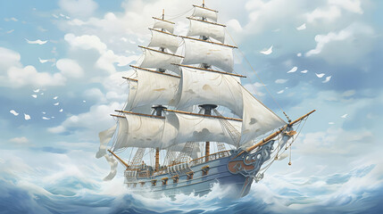 Sailing Ship Illustration in a Blue Sky