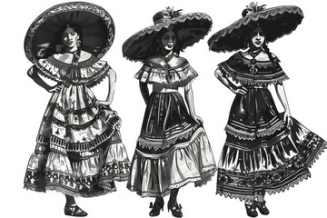 Poster - Three women in traditional Mexican clothing are shown in black