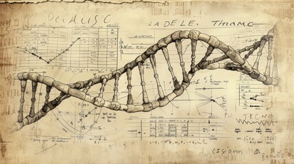 Vintage DNA Strand Illustration with Scientific Notes - Generative AI