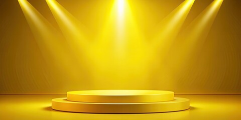 Poster - Yellow product presentation background with illuminated podium and beams of light , yellow