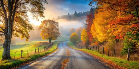 Poster - Meandering country road surrounded by misty autumn colors and peaceful ambiance , rural, pastoral, peaceful, tranquil, misty, foggy