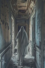 Wall Mural - Woman in white robe walks down hallway