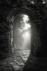 Wall Mural - Dark, narrow passage with sunbeam shining through archway