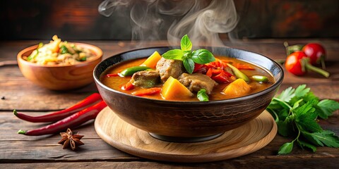 Wall Mural - Steaming bowl of mussaman curry with meat and vegetables, mussaman curry, Asian cuisine, hot, spicy, flavorful, Thai food, delicious