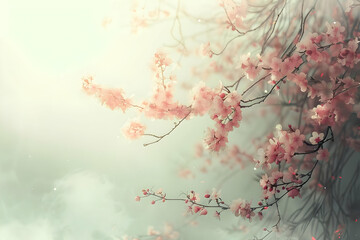 Sticker - Delicate Pink Cherry Blossoms in a Soft Green Mist Illustration