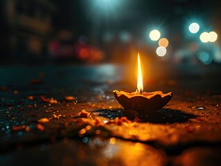 Poster - Candle is lit on sidewalk in dark