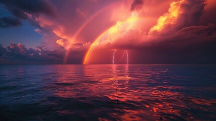 Canvas Print - Beautiful rainbow is seen in sky above ocean