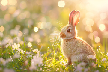 Stock photos of animals in the beautiful natural world. Rabbit in grass at sunset. Cute little bunny in green grass with dandelions, in a spring nature background banner for Easter holiday celebration