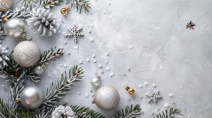 Wall Mural - copy space, stockphoto, festive celebrate christmas eve background concept banner of xmas decorate ball and snow flake christmas tree white colour scheme mock up template seasonal design