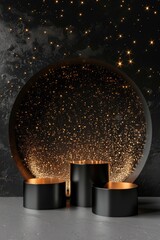 Poster - Black and gold sculpture of three pillars with starry background