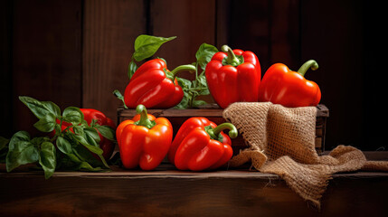 Wall Mural - Vibrant red bell peppers and fresh basil leaves on a rustic background  perfect for cooking and delicious nutrition.