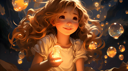 Canvas Print - Smiling Girl with Light in Glass Illustration