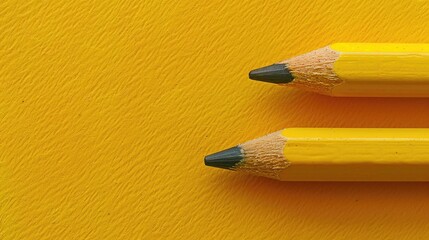 Canvas Print - Close up top view macro photo of wooden yellow pencil on yellow paper with space for text enhanced by side lighting for contrast