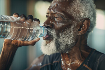 Wall Mural - man is drinking water from a bottle. The man is balding and has a beard