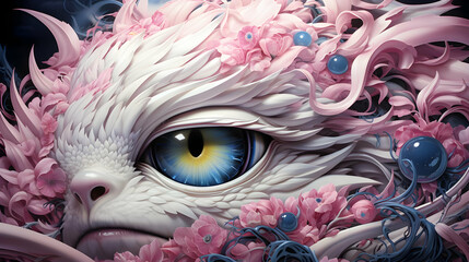 Poster - Closeup of a Fantasy Creature's Eye with Pink Flowers and Blue Bubbles Illustration