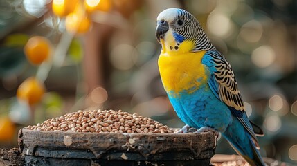 Colorful Budgerigar Perched on Seed Bowl - Generative AI