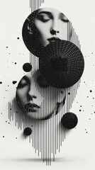 Wall Mural - Abstract black and white artwork featuring faces integrated into geometric shapes and lines. The design blends futuristic and retro elements, creating a minimalistic and surreal visual effect.