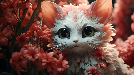 Wall Mural - White Cat with Pink Flowers 3D Illustration