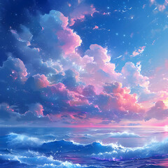 Wall Mural - Dreamy Sunset Over Ocean with Glittering Clouds Illustration