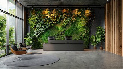 modern office spaces of green environments with planted walls create a refreshing atmosphere. Ample text copy space for customization