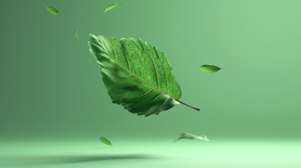 Poster - Single Green Leaf Floating in Mid-Air