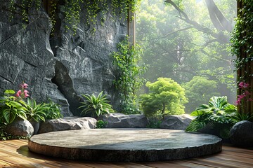 Wall Mural - A stone patio with a large tree in the background