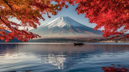 Poster - Scenic view of Mount Fuji framed by vibrant autumn leaves over a calm lake with a boat