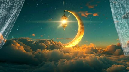 Wall Mural - Antique lantern hanging from a crescent moon above clouds at starry night. Seamless loop video background