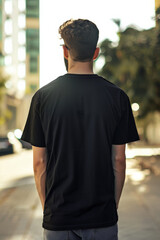 Wall Mural - Back view of a young arabic man wearing an all black crewneck mockup tshirt with copy space