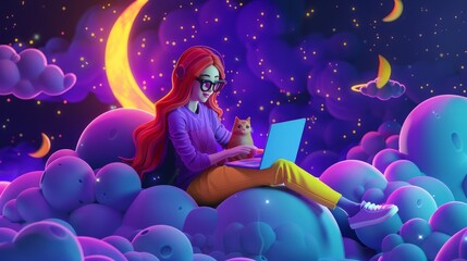 Happy woman with long red hair, wearing glasses, yellow and purple pants. work on laptop And sitting on the moon late at night in space with purple-blue clouds, stars, cats, and owls.