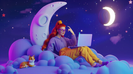 Happy woman with long red hair, wearing glasses, yellow and purple pants. work on laptop And sitting on the moon late at night in space with purple-blue clouds, stars, cats, and owls.