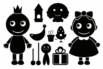 Wall Mural - Cute icons cartoon style silhouette black color vector art illustration 