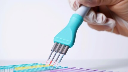 Wall Mural - researcher using multichannel pipette for drug testing on white background