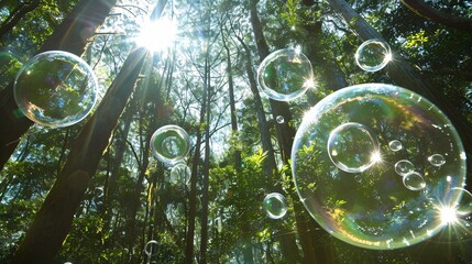 Ethereal bubbles floating amidst a dense, vibrant forest, symbolizing the purifying process of plants absorbing carbon dioxide and releasing oxygen, with sunlight filtering through the canopy.