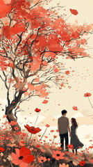 Wall Mural - silhouette of a couple in autumn season