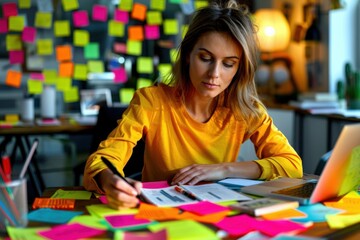 Wall Mural - Creative Workspace, Woman working at desk with colorful sticky notes and documents, Productive Environment