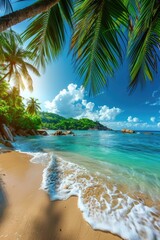 Wall Mural - Tropical beach with palm trees and azure water in ocean. Paradise island on a sunny day. Trip, travel and vacation theme