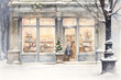 © Creative Laik - Hand drawn watercolor illustration of an old shop window decorated with snow and flowers