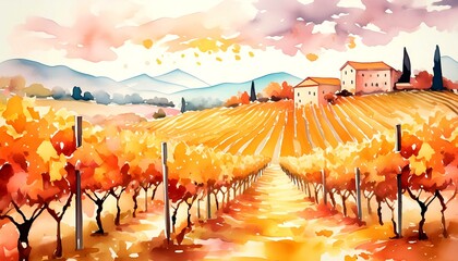 Wall Mural - Watercolor painting of a picturesque vineyard in autumn, featuring rows of grapevines and warm golden hues. Illustration. 4