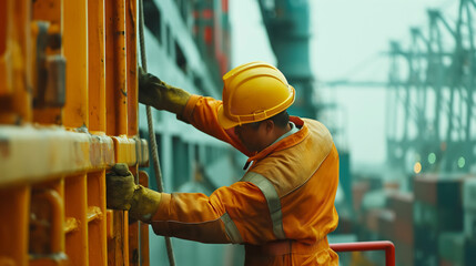 A Workers Loading and unloading cargo from ships, working with heavy containers and equipment, requiring hard hats for head protection