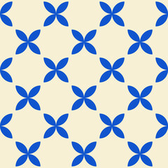 Fototapete - Trendy retro seamless pattern with geometric blue flowers on a beige background. Modern minimal abstract background. Vector illustration