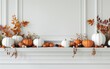© Pungu x - fall home decor with pumpkins and leaves on a mantle close up, seasonal aesthetics, whimsical, Composite, living room backdrop