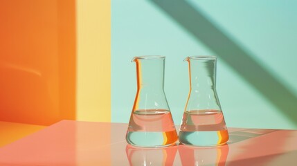 Wall Mural - chemistry lab glassware on table with no contents on colorful backdrop